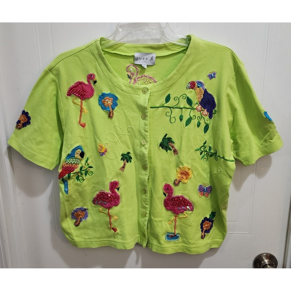 Vtg 90's Just B Women's Beaded Sequin Birds Tropical Button Up Top Green Sz L